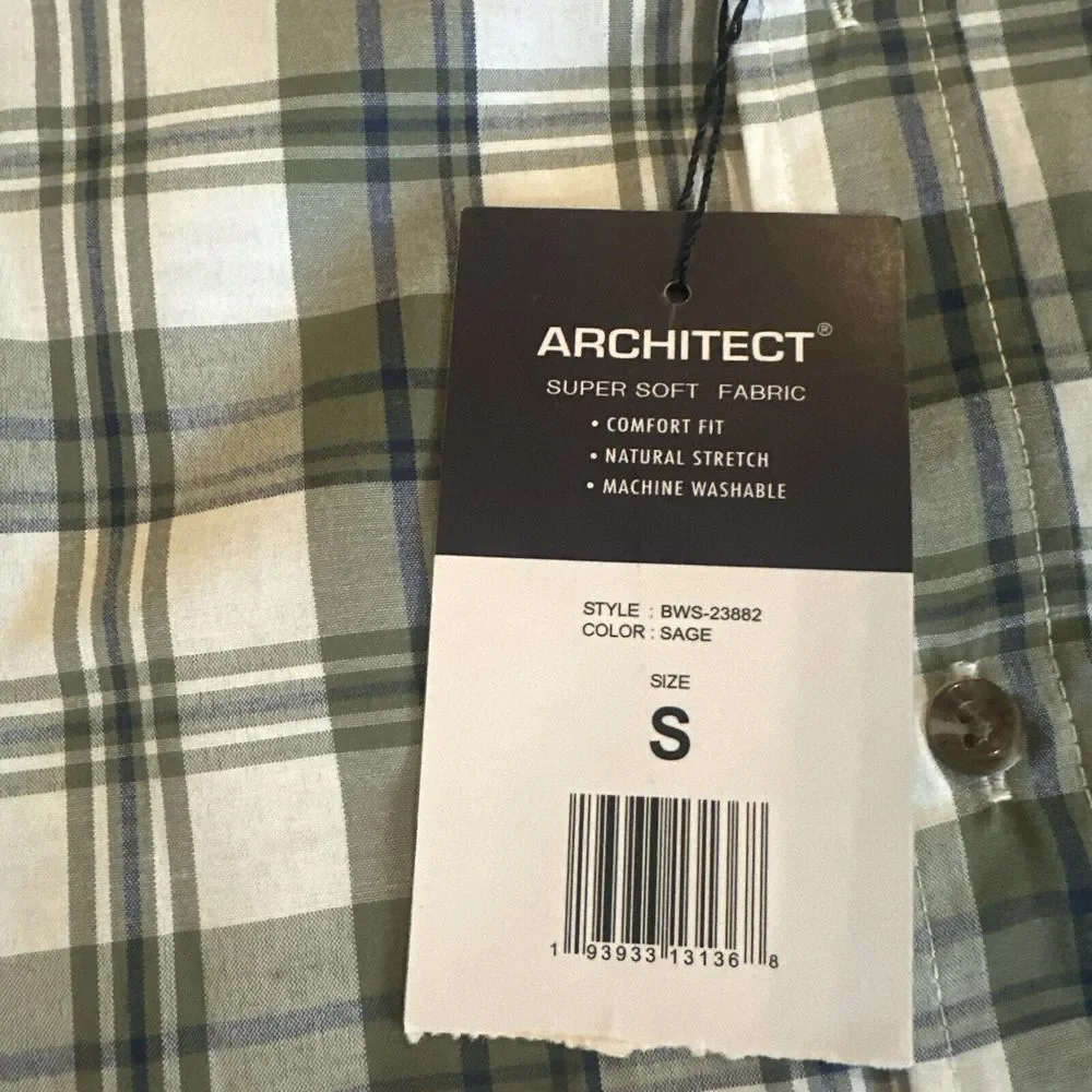 Architect Men's Short Sleeve Button Down‎ Shirt Plaid Sage Size Small NEW - Picture 4 of 9